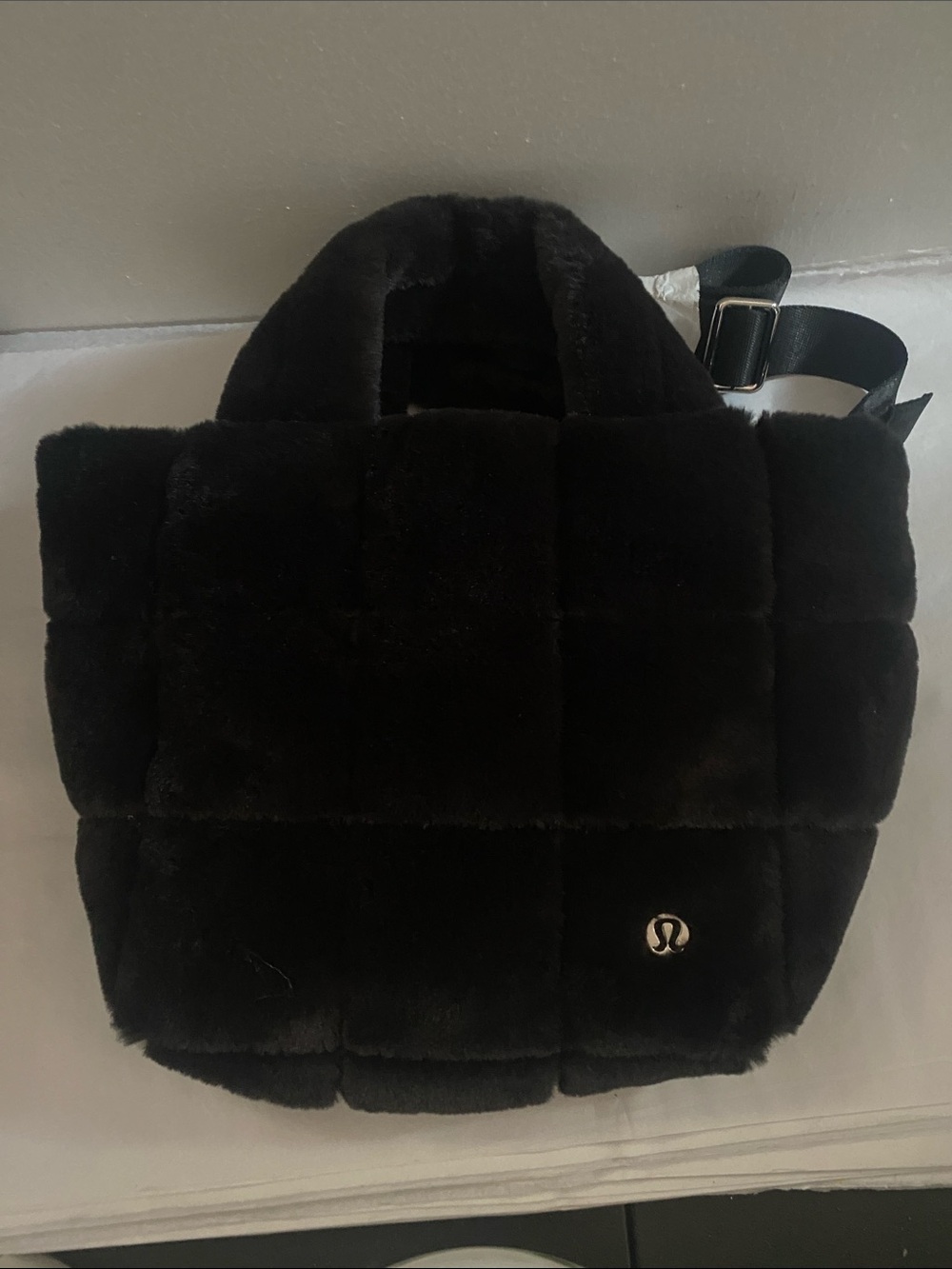 lululemon Black Quilted Faux Fur Tote with Logo Accent